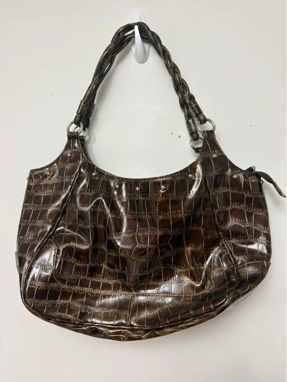Y2K Brown Croc Embossed Patent Hobo Shoulder Bag